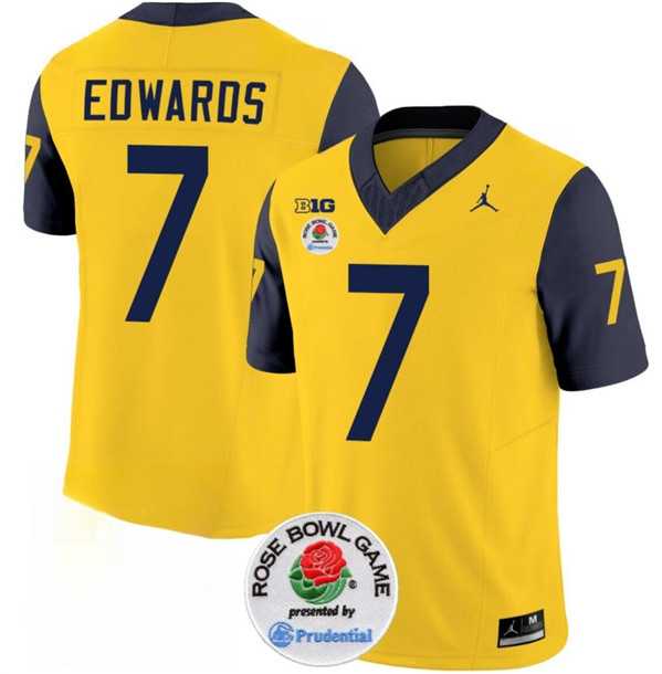 Mens Michigan Wolverines #7 Donovan Edwards 2023 F.U.S.E. Yellow Navy Rose Bowl Patch Stitched Jersey Dzhi